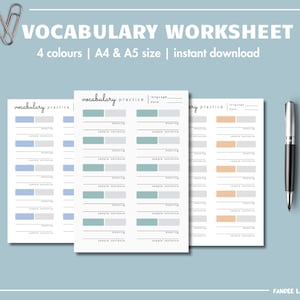 Vocabulary Worksheets in 4 colors | Optimized for Languages with Romanization | Chinese, Japanese, Thai | DIGITAL DOWNLOAD