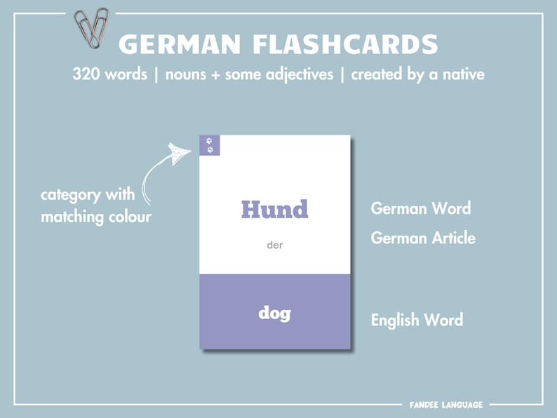 K&ouml;nnte beinhalten: Eine lila und wei&szlig;e Karte mit dem deutschen Wort "Hund" (Hund) und dem englischen Wort "dog". Der deutsche Artikel "der" ist ebenfalls enthalten. Die Karte ist Teil eines Sets von 320 deutschen Karteikarten zum Lernen von Nomen und Adjektiven.