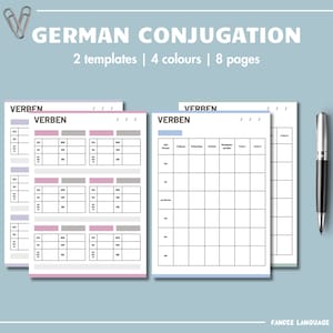 Könnte beinhalten: Druckbare Arbeitsblätter zur Konjugation deutscher Verben mit zwei verschiedenen Vorlagen. Die Arbeitsblätter sind in vier Farben: rosa, blau, grau und weiß. Der Text auf den Arbeitsblättern lautet "VERBEN".