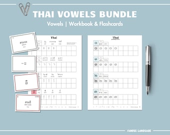 May include: A Thai vowel workbook and flashcards set. The workbook has a grid for writing Thai vowels and the flashcards have the vowel sounds written in Thai script.