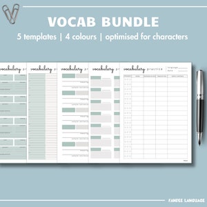 May include: A printable vocabulary bundle with five templates and four color options. The bundle includes a vocabulary practice sheet with sections for words, definitions, translations, and example sentences.