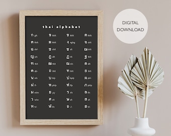 May include: A framed print featuring the Thai alphabet in white lettering on a dark gray background. The text "thai alphabet" is at the top. A white circle with "DIGITAL DOWNLOAD" is on the right. A vase with dried flowers is in the foreground.