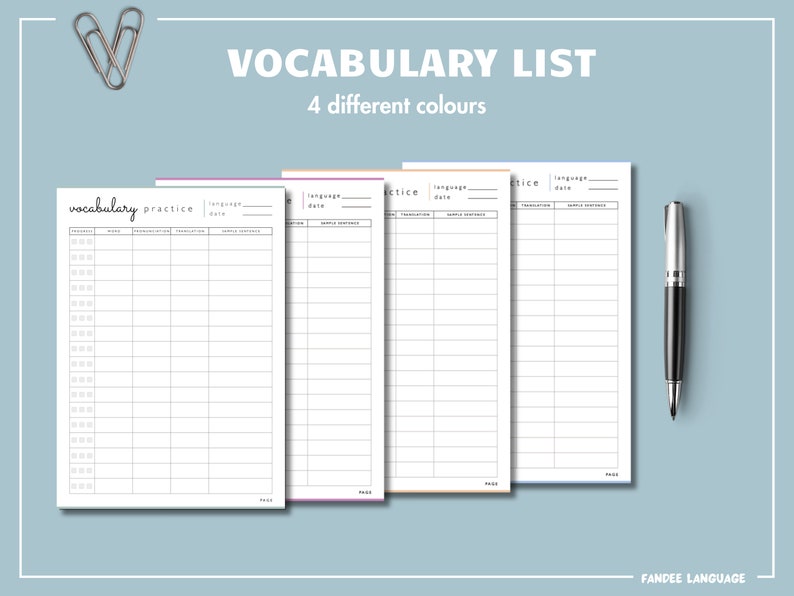 Vocabulary Worksheet Table in 4 Colors | Optimized for Languages With ...