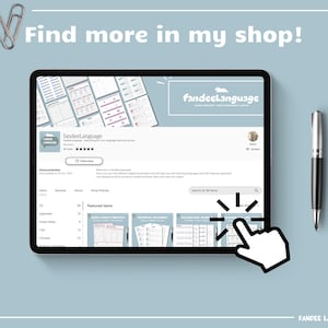K&ouml;nnte beinhalten: Ein Screenshot einer Etsy-Shop-Seite f&uuml;r "Fandeel Language", die eine Vielzahl von druckbaren Sprachlernressourcen zeigt. Die Shop-Seite enth&auml;lt eine Suchleiste, eine Liste der vorgestellten Artikel und einen "Shop folgen"-Button. Der Text "Find more in my shop!" wird oben im Bild angezeigt.