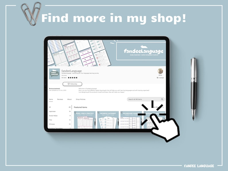K&ouml;nnte beinhalten: Ein Screenshot einer Etsy-Shop-Seite f&uuml;r "Fandeel Language", die eine Vielzahl von druckbaren Sprachlernressourcen zeigt. Die Shop-Seite enth&auml;lt eine Suchleiste, eine Liste der vorgestellten Artikel und einen "Shop folgen"-Button. Der Text "Find more in my shop!" wird oben im Bild angezeigt.