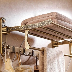 MRDO Foldable Antique Brass Bath Towel Rack Active Bathroom Towel Holder Double Towel Shelf Hooks Bathroom Accessories