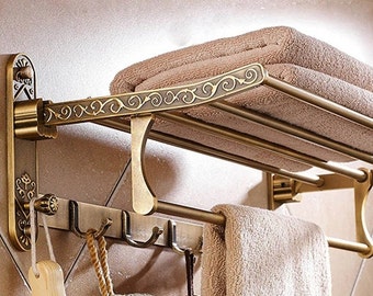 MRDO Foldable Antique Brass Bath Towel Rack Active Bathroom Towel Holder Double Towel Shelf Hooks Bathroom Accessories