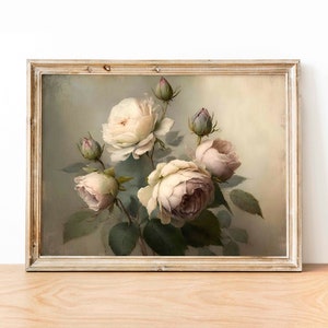 Vintage Floral Art Oil Painting Of Pink & White Roses Digital Download Print, Classic Home Decor Art, Romantic Floral Art, Nature Inspired