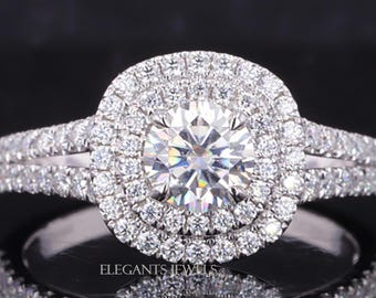 0.80 CT Round Lab Grown Diamond Double Halo Ring, Split Shank Engagement, Anniversary Gift