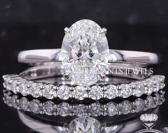 Oval Lab Grown Diamond Engagement Ring Set: 14k White Gold Bridal Set