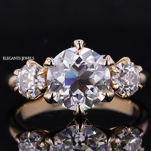 OEC Round Cut Lab Grown Diamond Three Stone Ring, Claw Prong Set Diamond Ring, 14K Yellow Gold Ring, CVD Diamond Trilogy Ring For Women