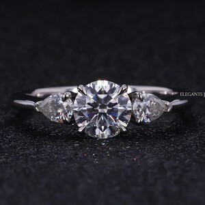 0.50 Carat E/VVS2 IGI CERTIFIED Round Cut Lab Grown Three Stone Diamond Engagement Ring Set, Side Pear Stones 14k White Gold & Matching Band