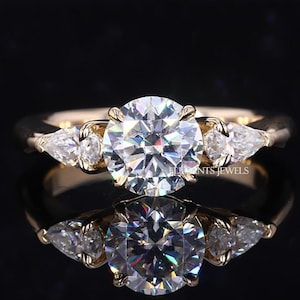 Round Cut 2 carat E Color VVS2 Clarity IGI Certified Lab Grown Diamond Three Stone Engagement Ring, Side Pear Cut Diamonds, 14K Promise Ring