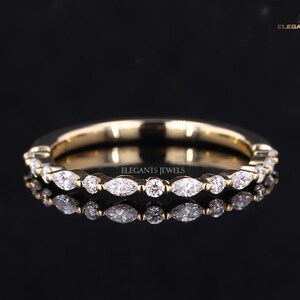 Marquise Round Diamond Band Ring Real Diamond Stackable Ring Solid Gold Marquise Wedding Band 14k Gold Eternity Ring Dainty Stacking Ring