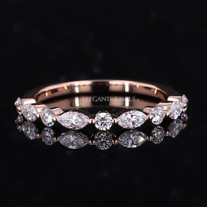 Diamond Half Eternity Wedding Band / Solid Gold Minimal Stacking Ring / Marquise and Round Cut Wedding Ring for Women / Gold Enhancer Ring