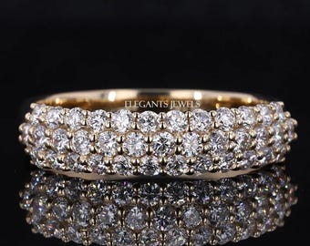 14Kローズゴールド3列パヴェダイヤモンドウェディングバンド、ラボグロウンハーフエタニティリング