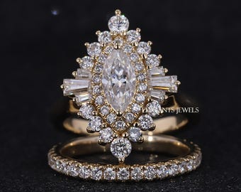 Vintage Style Marquise Cut Lab-Grown Diamond Engagement Ring Set: Double Halo Ring, 14K Gold