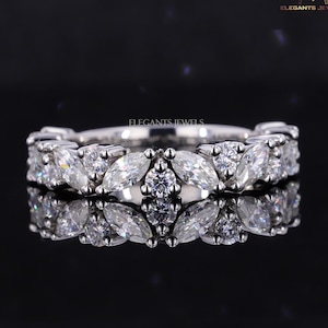 Marquise and Round Cut Lab Grown Diamond Band, EF/VS Lab Created Diamond Wedding Band, Half Eternity Band for Her, Matching/Stackable Band