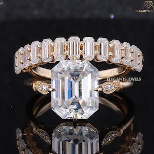 HUGE 4.00 Carat E/VVS2 IGI Certified Emerald Cut Lab Diamond Engagement Ring & Emerald Cut Diamond Matching Band, 18k Yellow Gold Ring Set