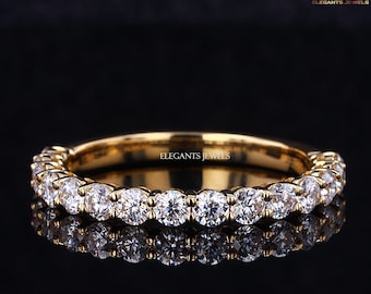 Anillo de media eternidad con diamantes cultivados en laboratorio, anillo apilable de oro macizo de 10K, 14K y 18K.