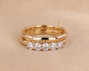 Zestaw dwóch obrączek eternity z diamentami hodowanymi laboratoryjnie, 14-karatowe żółte złoto, okrągłe pierścionki z diamentami o średnicy 3 mm, zestaw pięciu obrączek z kamieniami, pasujące obrączki ślubne