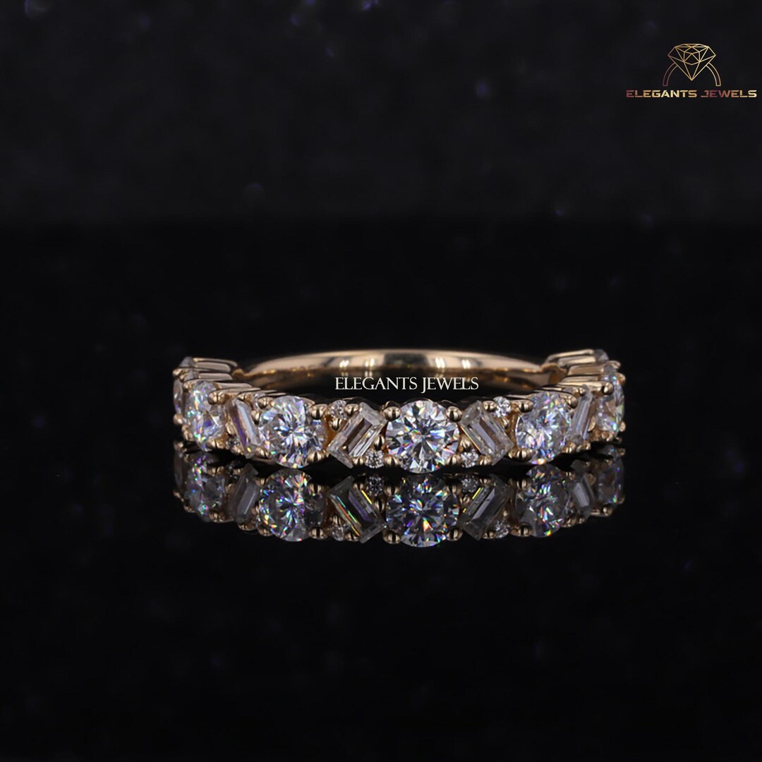 Baguette Round Lab Grown Diamond Half Eternity Band, 14K Solid Gold ...