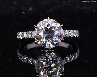 Two Tone Old European Round Cut Lab Grown Diamond Ring, OEC Round Diamond Solitaire Engagement Ring, Hidden Halo Ring For Wedding Gift