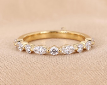 Marquise and Round Lab Diamond Half Eternity Band, 14K Gold Wedding Ring, Stackable Alternating Diamond Ring for Women, Anniversary Gift for