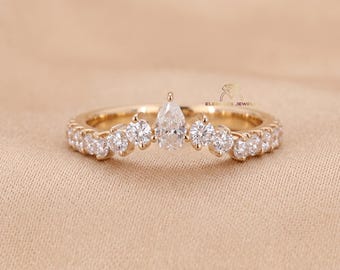 Curved Lab Grown Diamond Wedding Band, Alternating Round and Pear Cut Half Eternity Ring, 14K Gold Micro Pave Contoured Stacking Band