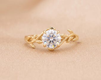 Nature Inspired Round Lab Diamond Engagement Ring, 14K Yellow Gold 1 To 3 Carat Twist Branch Ring, Vintage Leaf Solitaire Ring for Her