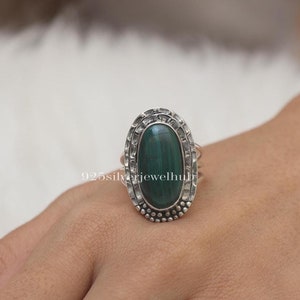 Natural Malachite Ring, 925 Solid Sterling Silver Ring, Bohemian Ring, Solitaire Ring, Oval Gemstone Jewellery, Anniversary Gift For Wife