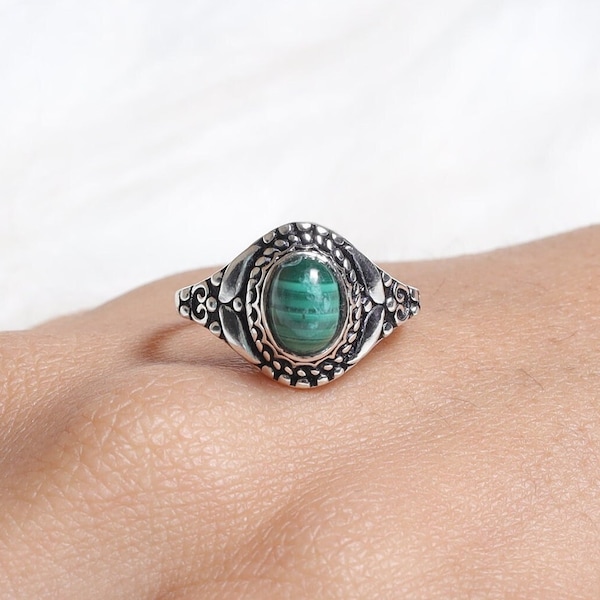 Natural Malachite Ring, 925 Sterling Silver Ring, Healing Crystal Ring, Bohemian Jewelry, Women Ring, Vinateg Ring, All Ring Size Available