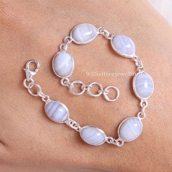 Bracciale in agata blu pizzo, bracciale in argento sterling 925 massiccio, bracciale fatto a mano, gioielli boho in argento, bracciale da donna in argento, bracciale hippie