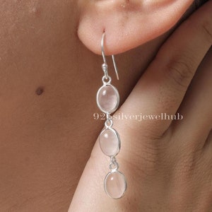 Rose Quartz Earrings, 925 Solid Sterling Silver Earrings, Oval Gemstone Earrings, Quartz Silver Jewelry, Dangle Drop Earrings, Gift For Her
