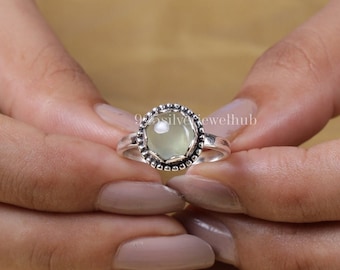 Prehnite Ring, 925 Sterling Silver Ring, Round Gemstone Ring, Minimalist Ring, Green Crystal Ring, Women Silver Ring, Handmade Jewellery