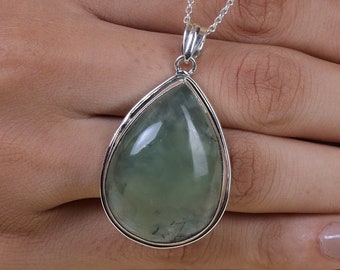 Prehnite Pendant, 925 Sterling Silver Necklace, Pear Shape Pendant, Cabochon Jewelry, Gemstone Necklace, Handmade Pendant, Gift For Her