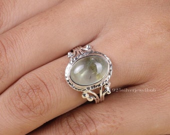 Bague en préhnite naturelle, bague en argent sterling 925, bague faite main, bijoux d'Halloween, bague bohème, bague vintage, cadeaux d'anniversaire