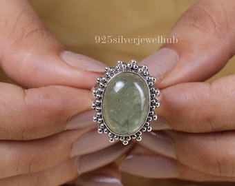 Bague en préhnite, bague en argent sterling massif 925, bague ovale avec pierres précieuses, bague pour bijoux fait main, bague tendance, bague pour femme, bague cabochon