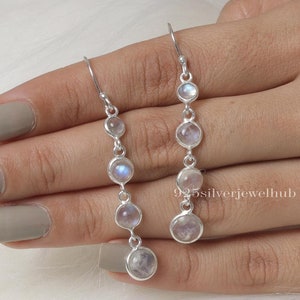 Pendientes de piedra lunar arcoíris, pendientes de plata de ley 925, pendientes de piedras preciosas redondas, pendientes de piedra natal de junio, joyería de plata con piedra lunar.