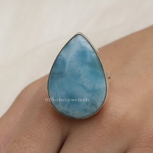 Dominican Larimar Ring, 925 Sterling Silver Ring, Pear Gemstone Ring, Handmade Jewellery, Women Silver Ring, Bohemian Jewelry, Gift For Her