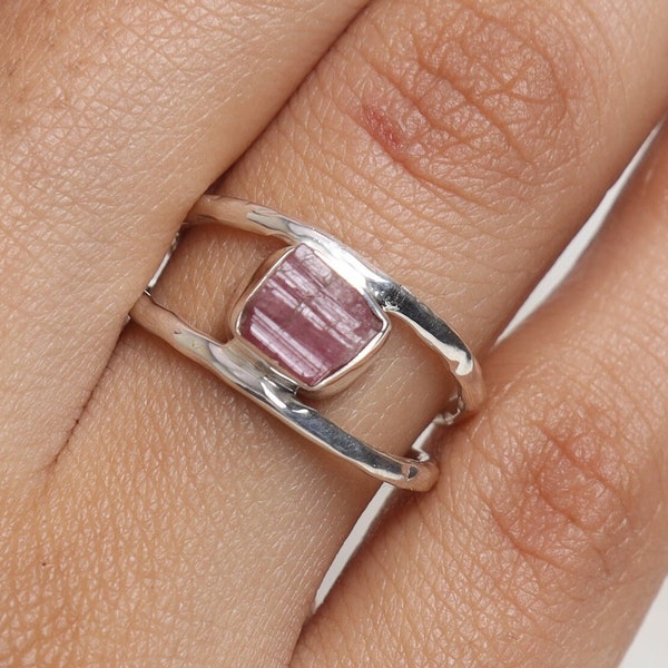 Raw Pink Tourmaline Ring, 925 Sterling Silver Ring, Rough Crystal Ring, October Birthstone, Handmade Ring, Boho Jewelry, Ring For Women