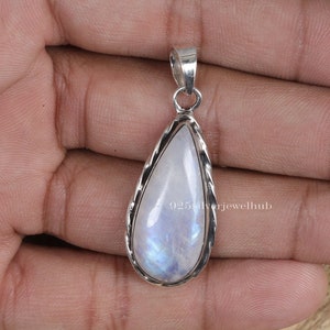 Regenbogen Mondstein Anhänger, 925 Sterling Silber Halskette, Juni Geburtsstein, birnenförmiger Anhänger, handgemachter Schmuck, Regenbogen Feuer Anhänger