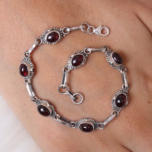 Garnet Bracelet, 925 Sterling Silver Bracelet, Gemstone Bracelet, January Birthstone Bracelet, Handmade Silver Bracelet, Cabochon Jewelry