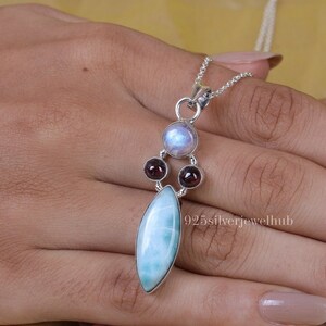 Larimar, Moonstone, Garnet, Pendant Necklace, 925 Sterling Silver Pendant, Large Pendant, Boho Necklace, Crystal Pendant, Handmade Jewellery