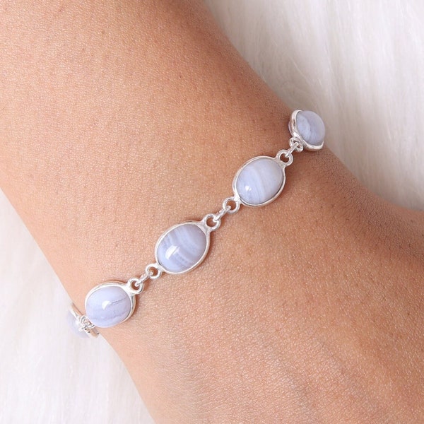 Blue Lace Agate Bracelet, 925 Solid Sterling Silver Bracelet, Handmade Bracelet, Boho Silver Jewelry, Women Silver Bracelet, Hippie Bracelet