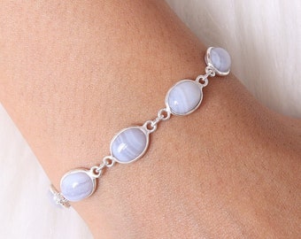 Blue Lace Agate Bracelet, 925 Solid Sterling Silver Bracelet, Handmade Bracelet, Boho Silver Jewelry, Women Silver Bracelet, Hippie Bracelet