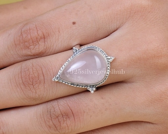 Rosenquarz Ring, 925 Sterling Silber Ring, Januar Geburtsstein, birnenförmiger Ring, Cabochon Edelstein Ring, rosa Kristallring, handgemachter Ring