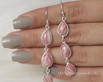 Rhodochrosite Earrings, 925 Sterling Silver Earrings, Gemstone Earrings, Pear Shaped Earrings, Women Silver Jewellery, Birthday Gift For Her