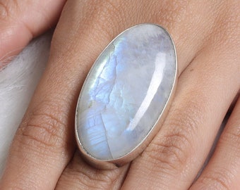 Regenbogen Mondstein Ring, 925 Sterling Silber Ring, handgemachter Ring, Juni Geburtsstein Ring, Mondstein Schmuck, Statement Ring, Ring für Frauen