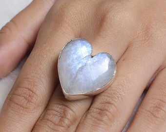 Rainbow Moonstone Ring, 925 Sterling Silver Ring, Handmade Ring, Heart Shape Ring, June Birthstone Ring, Moonstone Jewelry, Ring For Women